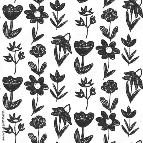 Flowers seamless pattern. Black and white floral stencil allover background. Linocut drawn repeat cover. Surface pattern spring motif. Vector hand drawn monochrome illustration.
