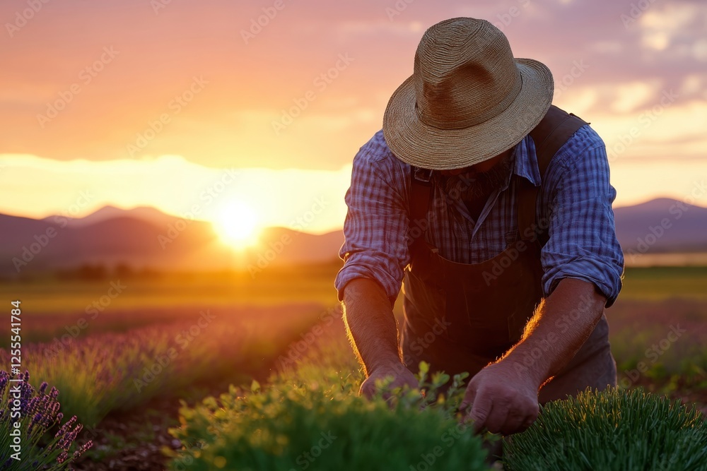 A dedicated farmer is tending to vibrant lavender fields during sunset, illustrating the connection between nature, hard work, and the beauty of agricultural life. A dedicated farmer is tending to vibrant lavender fields during sunset, illustrating the connection between nature, hard work, and the beauty of agricultural life.