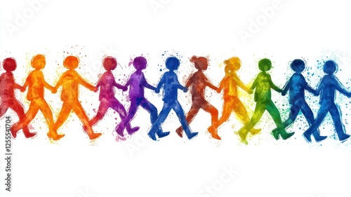 Diverse gradient brush stroke human icons walking together digital art vibrant colors community concept photo