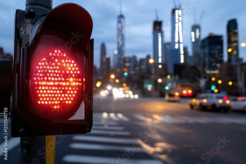 A red traffic sign stands out against the backdrop of a bustling city skyline, capturing the essence of urban life and the importance of traffic rules for safety. photo