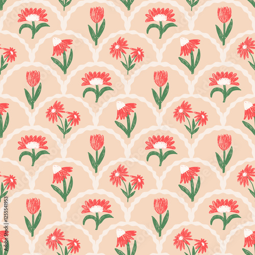 Flowers crayon drawn seamless pattern. Floral allover background. Stylized botany scallop repeat backdrop.Vector hand drawn illustration.