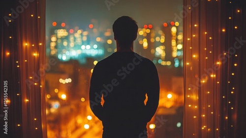 City lights reflected in window man contemplating life urban environment evening viewpoint reflective mood photo