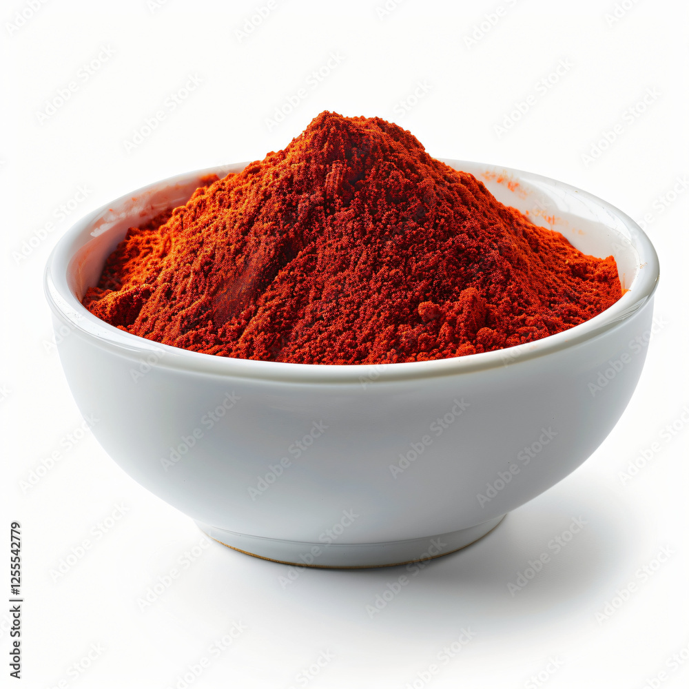 Bright red chili powder in a sleek porcelain bowl, its fine texture sharply detailed against the white background. Bright red chili powder in a sleek porcelain bowl, its fine texture sharply detailed against the white background.