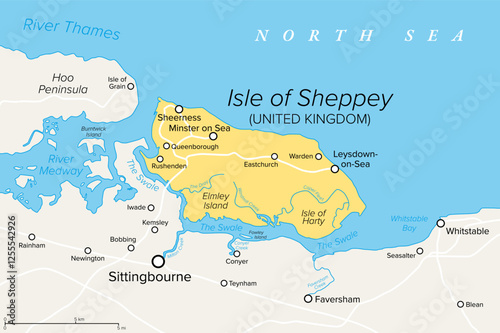 Isle of Sheppey, political map. Island off the northern coast of England, neighbouring the Thames. Over the time the channels between Sheppey, Elmley and Harty silted up to form one contiguous island.