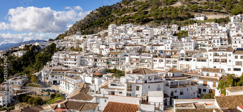 Mountain slope with white washed Mediterranean town on the Costa del Sol Mijas in Andalusian region of Spain