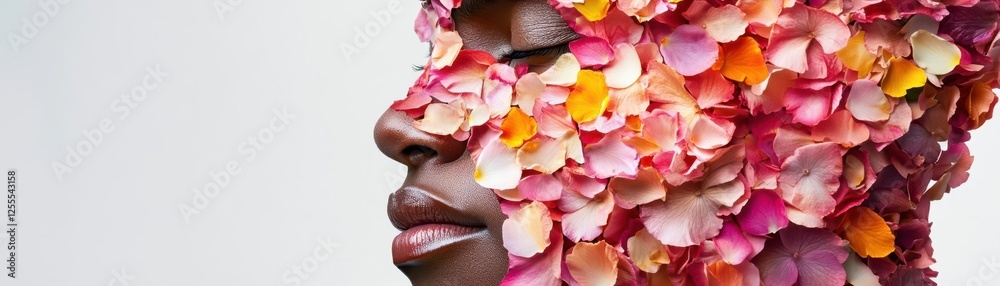 An abstract portrait made entirely of flower petals and leaves, blending human features with natural beauty An abstract portrait made entirely of flower petals and leaves, blending human features with natural beauty