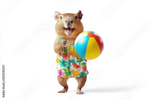 Summer concept with hamster dressed in shirt and shorts on the beach background.	