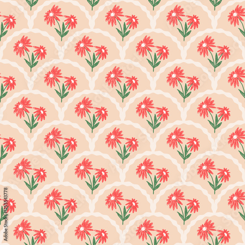 Flowers crayon drawn seamless pattern. Floral allover background. Stylized botany scallop repeat backdrop. Surface pattern design spring motif. Vector hand drawn illustration.