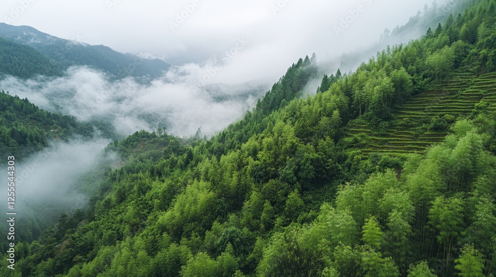 Naklejka premium A foggy bamboo forest in the mountains, with vibrant green vegetation, creating a serene and peaceful environment amidst nature beauty