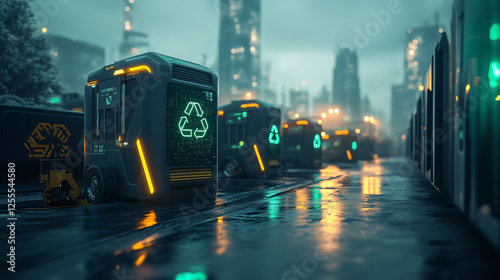 A futuristic urban scene featuring autonomous garbage trucks with recycling symbols. A rainy nighttime city, showcasing sustainable technology and smart ecological solutions.