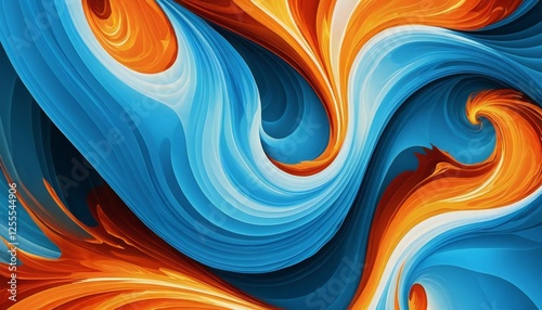 Dynamic abstract waves of fiery orange and icy blue swirl together in a mesmerizing flow.