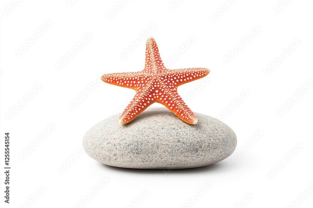Vibrant red starfish resting on a smooth gray stone against a white background