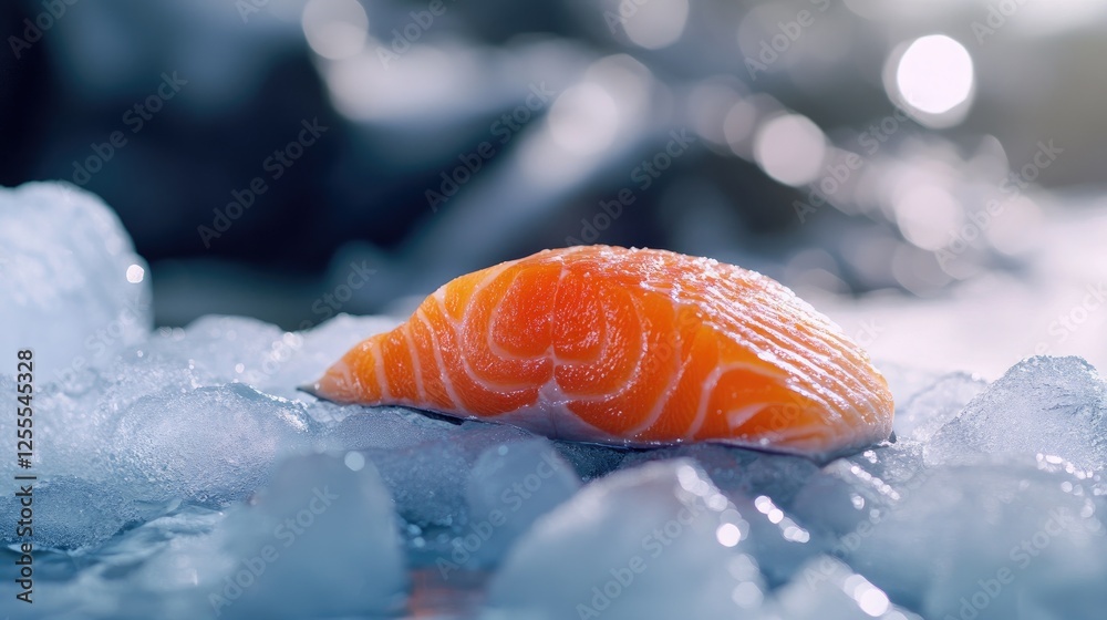 A fresh, raw salmon fillet on a bed of ice, with soft background blur emphasizing its vibrant color and high-quality freshness A fresh, raw salmon fillet on a bed of ice, with soft background blur emphasizing its vibrant color and high-quality freshness
