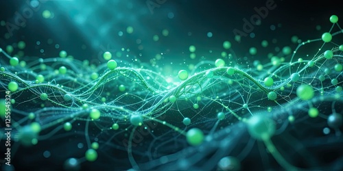 Abstract network of interconnected teal and lime green spheres