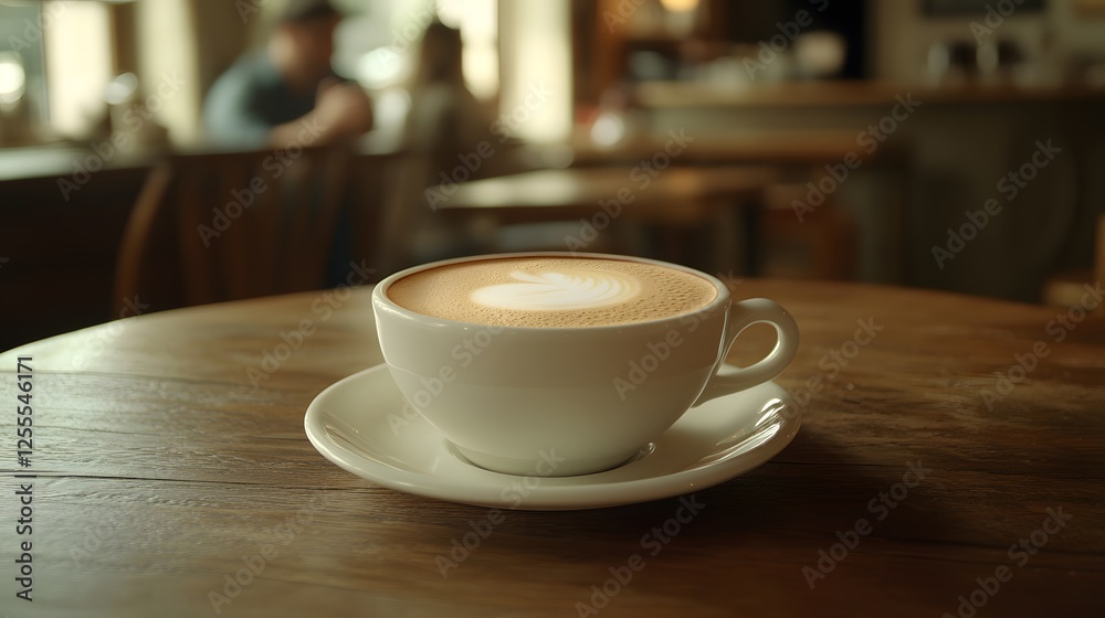 Cup of hot coffee on a wooden table in a cozy cafe setting with natural light and warm atmosphere Cup of hot coffee on a wooden table in a cozy cafe setting with natural light and warm atmosphere