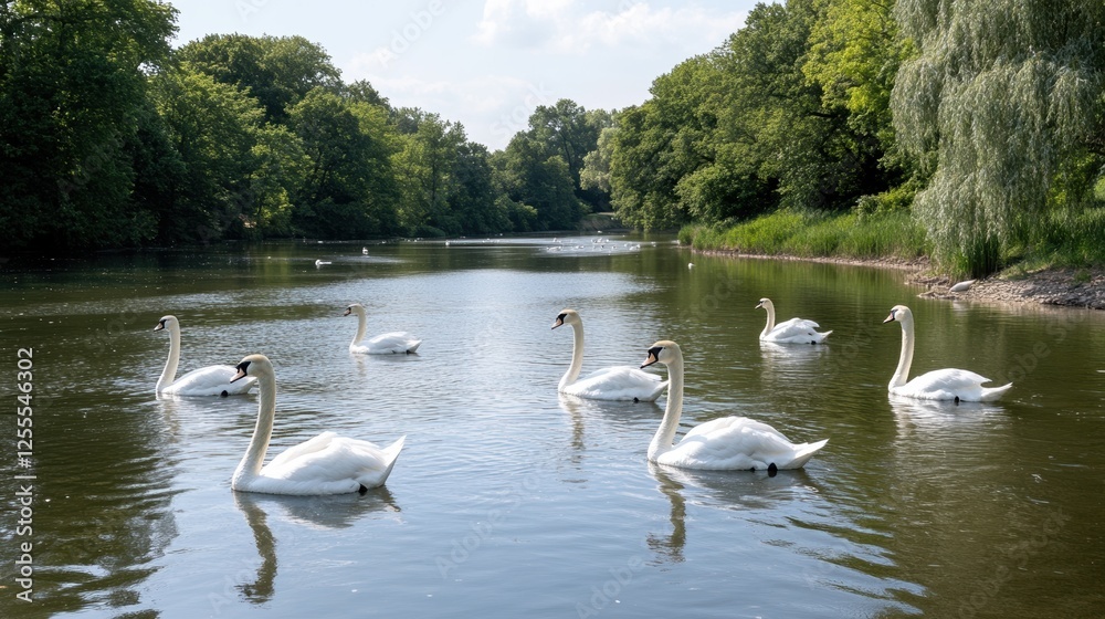 Graceful swans gliding on tranquil lake in serene green forest landscape Graceful swans gliding on tranquil lake in serene green forest landscape