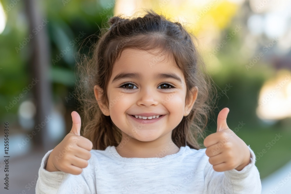 This image showcases a young girl smiling widely, giving two thumbs up, surrounded by a colorful and bright backdrop that adds to the overall sense of joy and vitality. This image showcases a young girl smiling widely, giving two thumbs up, surrounded by a colorful and bright backdrop that adds to the overall sense of joy and vitality.