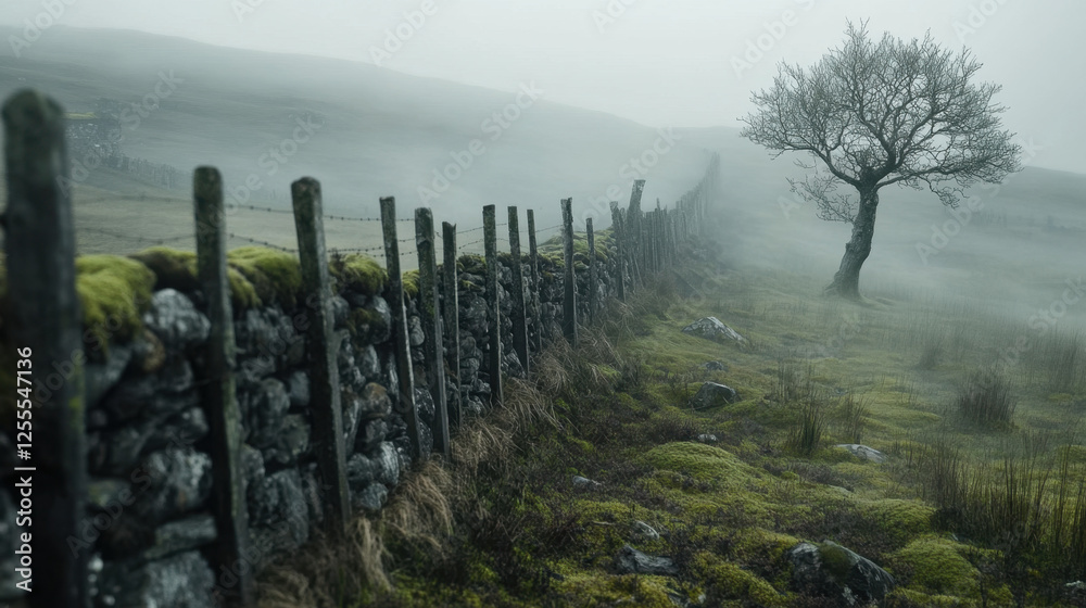 Obraz premium A captivating foggy morning in the Scottish Highlands reveals a tranquil view of stone walls and a lone tree amidst the misty terrain