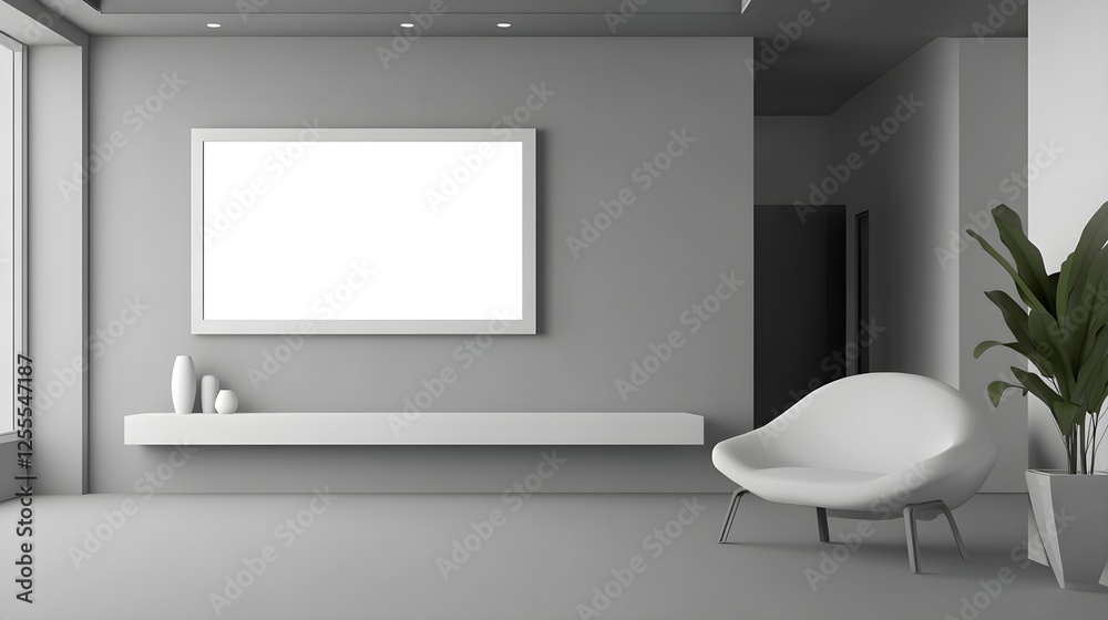 A spacious exhibition hall with a single oversized white frame on a muted gray wall. A spacious exhibition hall with a single oversized white frame on a muted gray wall.