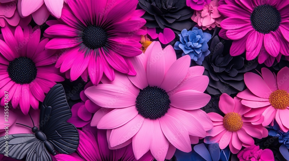 Fototapeta premium Vibrant floral collage with pink and black flowers and butterfly