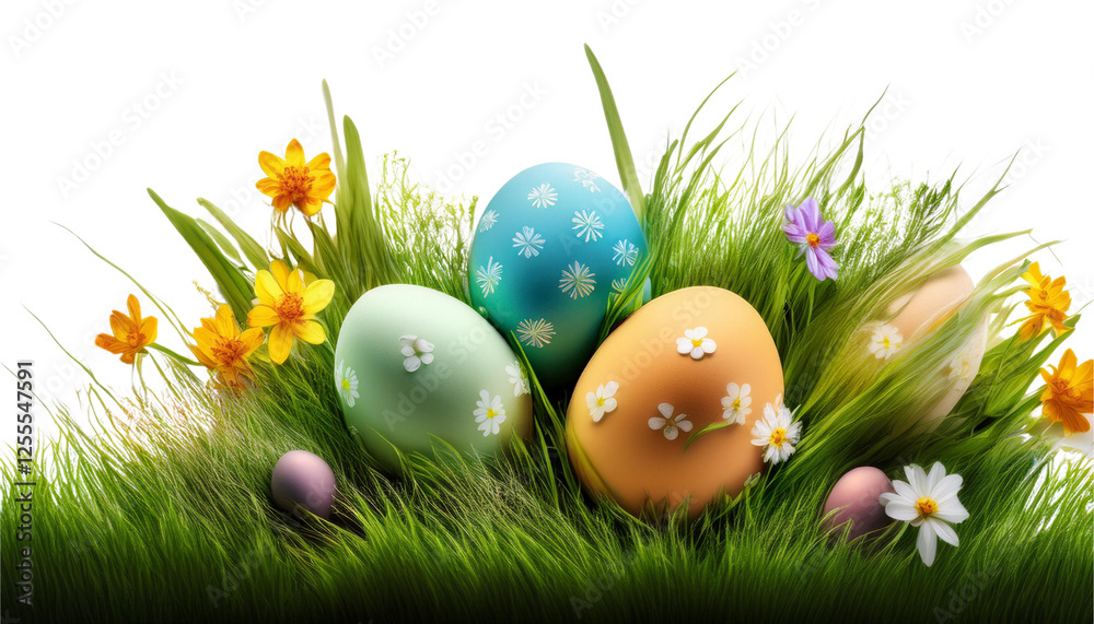 Fototapeta premium Easter eggs nestled in a patch of spring grass with daffodils.