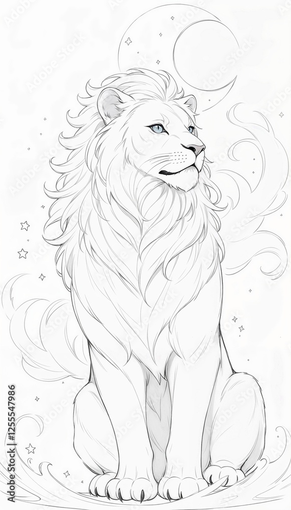 Obraz premium A serene white lion, sitting majestically, gazing thoughtfully towards the upper right, under a crescent moon and a scattering of stars. Line art, sketch style illustration.