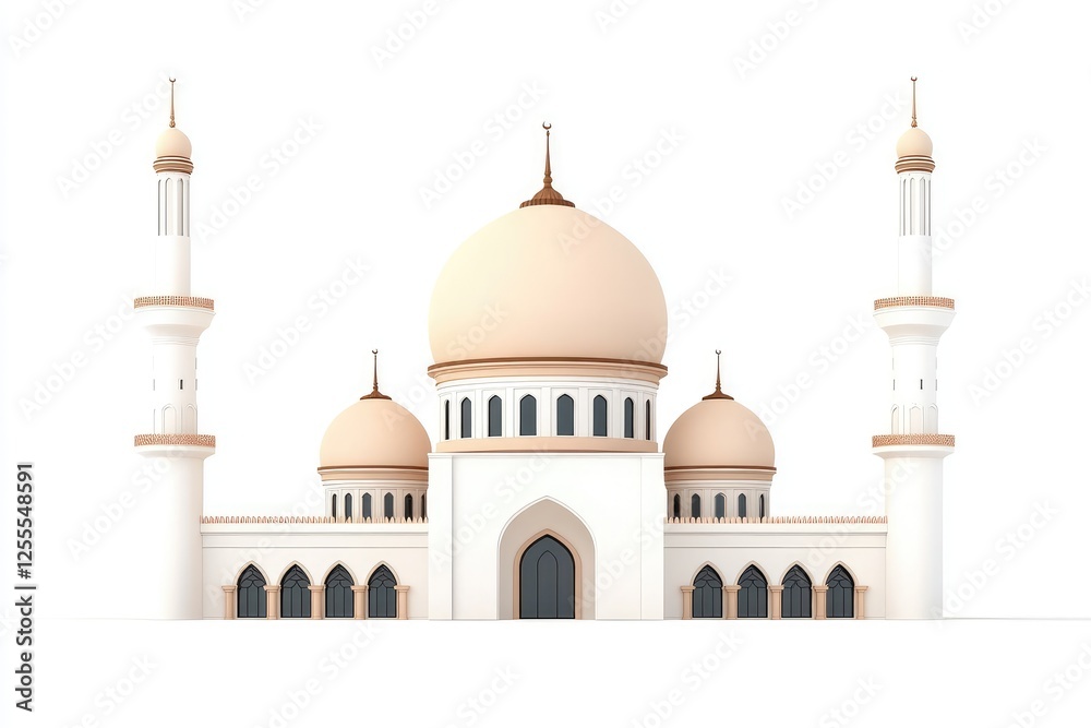 Fototapeta premium Elegant architectural design of a mosque with domes and minarets against a white background