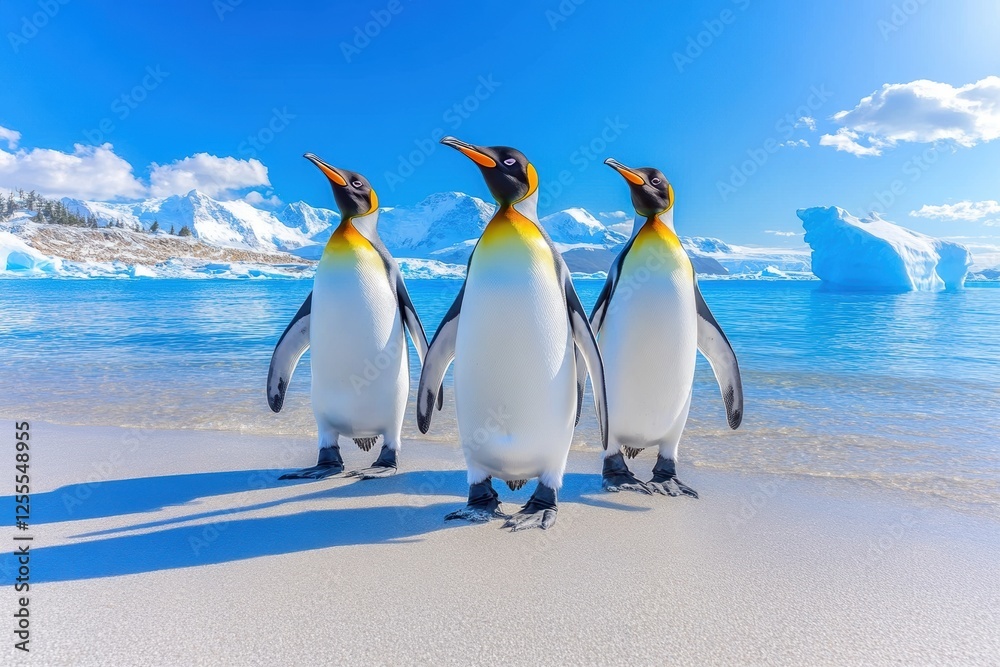 Fototapeta premium Majestic king penguins on pristine beach with vibrant blue sky and icy background