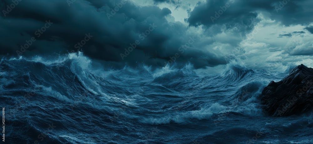 Fototapeta premium Dramatic Stormy Ocean Waves Under Dark Clouds at Twilight