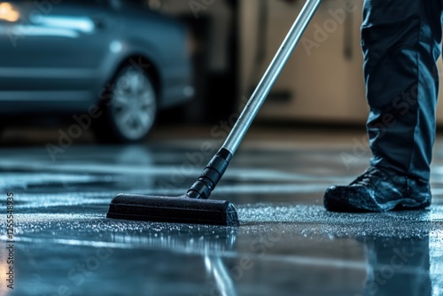 Cleaning professional mopping wet garage floor with precision