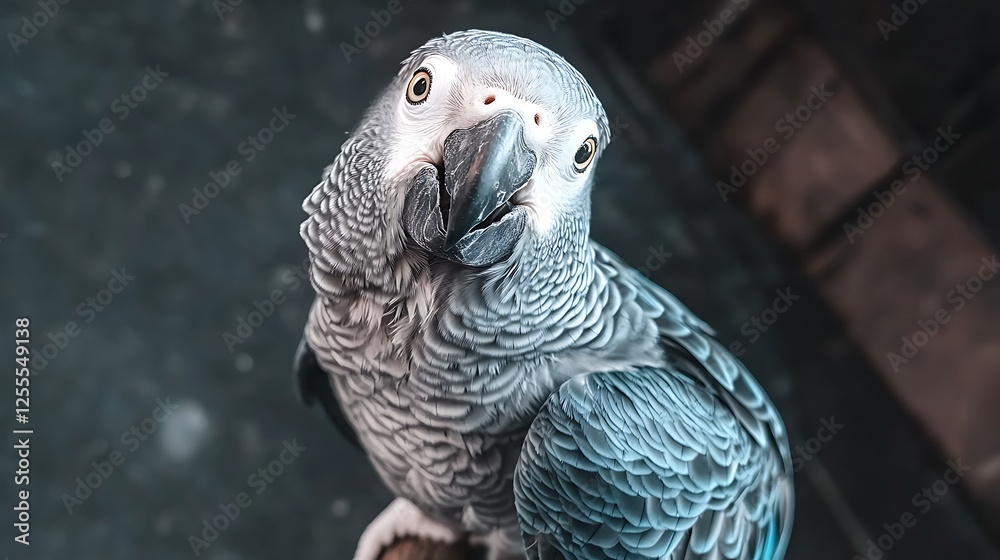 Obraz premium Close-up of a curious gray parrot perched on a branch, with a blurred background highlighting its vibrant feathers