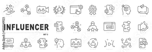 Set of influencer related line icons. Blogger, creator, audience etc. Editable stroke. Set 2