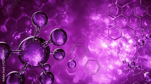 A vibrant purple background featuring molecular structures and hexagonal patterns, creating a scientific and abstract theme.