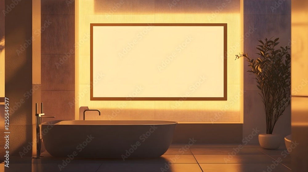 A spa-like minimalist bathroom with soft lighting, clean lines, and a framed blank canvas. A spa-like minimalist bathroom with soft lighting, clean lines, and a framed blank canvas.