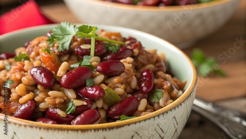 Red Bean and Rice Delight: A close-up of a steaming bowl of red beans and rice, a hearty and flavorful Cajun dish, garnished with fresh cilantro. photo