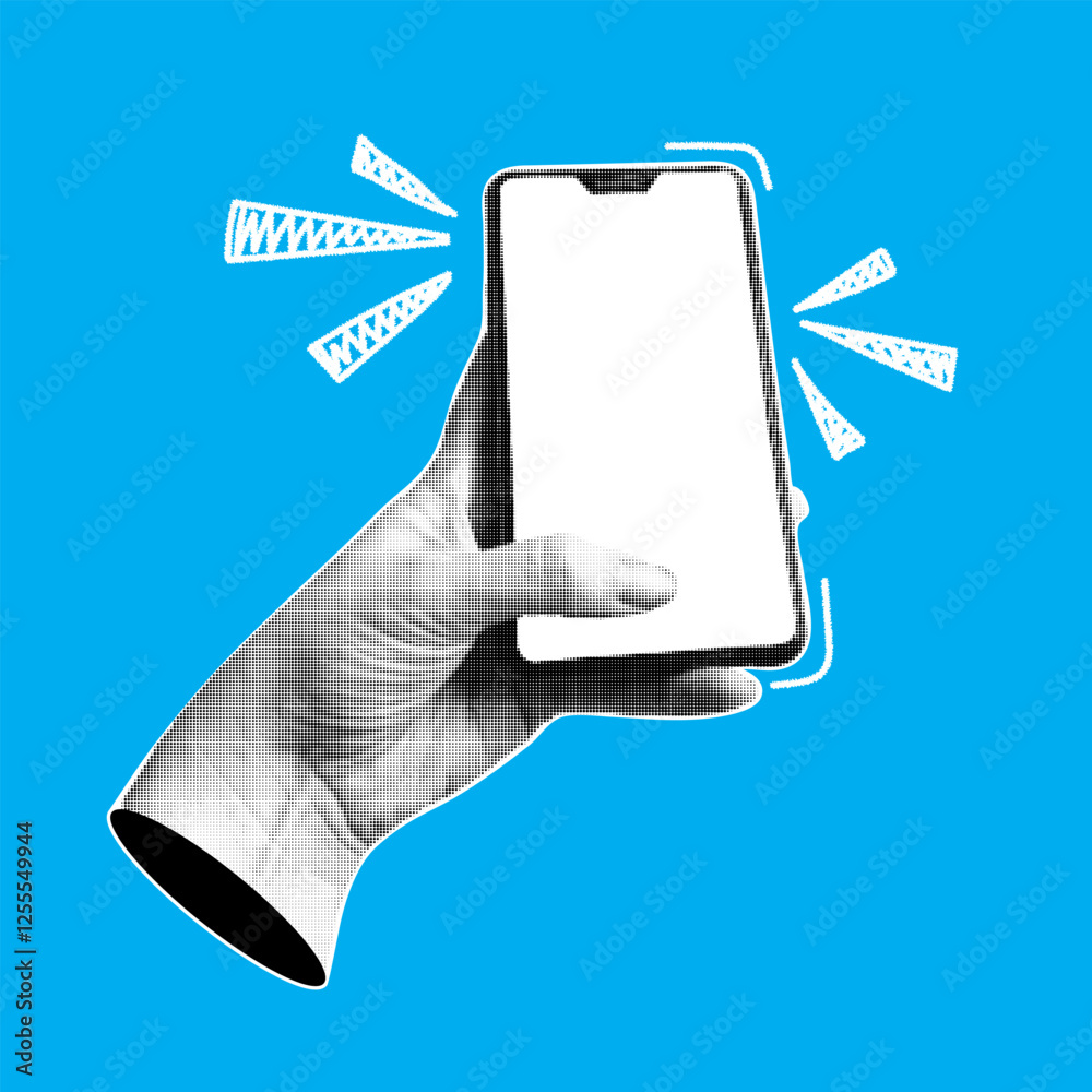 Human hand with a smartphone. Trendy collage banner with hand holding mobile phones. Modern art with halftone effects. Vector pop art illustration.
