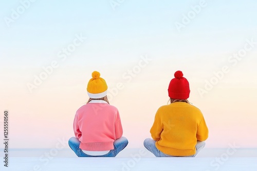 Two girls in colorful sweaters sitting on a beach at sunset, enjoying the view photo