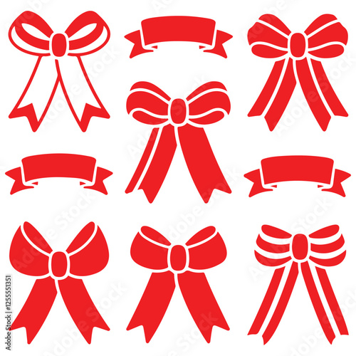 3d realistic red ribbons set. Ribbons collection isolated on white background. Design element, decorative sticker. Cute folded ribbon for sale banner, advertisement, celebrations. Vector illustration
