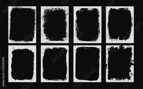 Photo grunge frames set template. Ink paint edges punk border for poster and banner. Retro textured overlays. Rectangular old white backgrounds. Vector design illustration.
