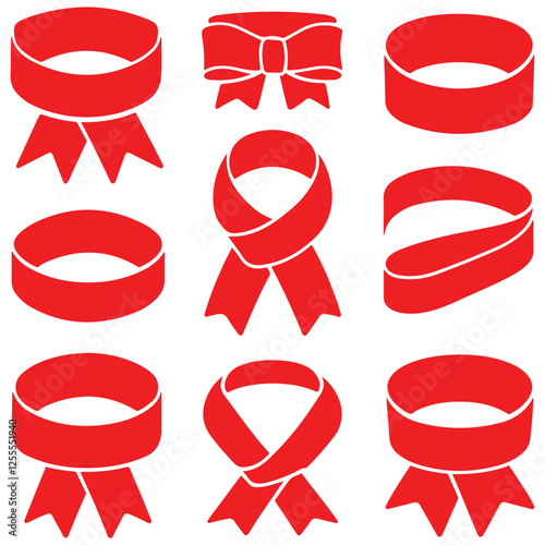 3d realistic red ribbons set. Ribbons collection isolated on white background. Design element, decorative sticker. Cute folded ribbon for sale banner, advertisement, celebrations. Vector illustration
