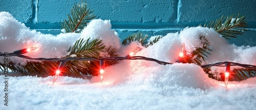 Red Christmas Lights in Snowy Winter Scene photo