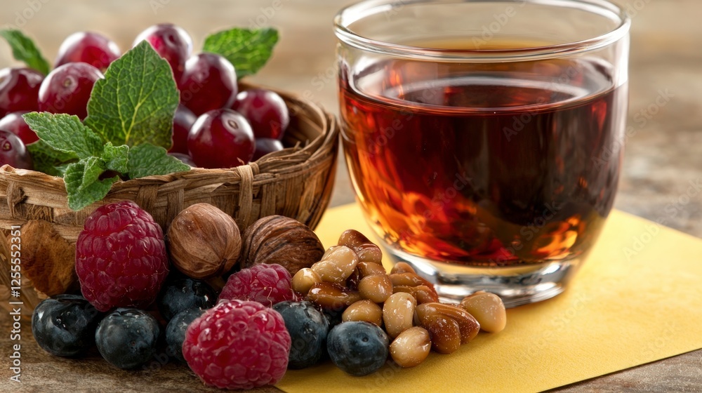 Red Cranberries Mint Tea Hazelnuts Pine Nuts and Berries on Wooden Table Red Cranberries Mint Tea Hazelnuts Pine Nuts and Berries on Wooden Table