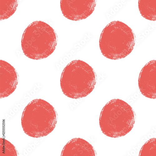 Polka dots red abstract seamless pattern marker drawn. Circular spots allover background. Round brush blobs repeat cover. Scribble painted elements. Vector surface design festive motif.