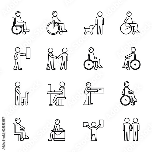 Disability line editable icon set. Vector illustration in modern thin line style of handicap related icons: features of physical and mental development, assistive devices, inclusivity, and more 