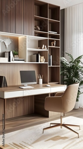 A stylish, mid-century modern home office with warm wooden tones and a white frame