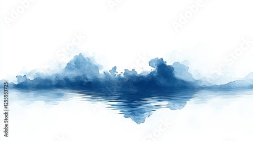 Abstract watercolor painting of a tranquil landscape with dark blue brushstrokes depicting water reflecting a horizon, on a white background, showcasing soft transitions and a sense of calm.