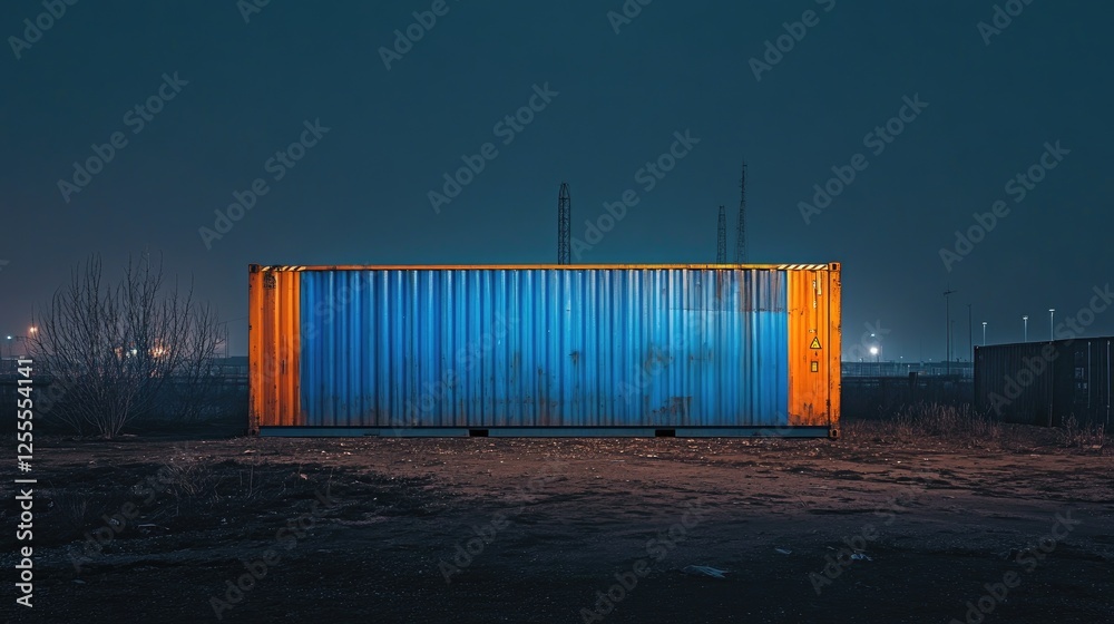 Obraz premium A lone freight container, blue and orange, glowing under artificial lighting in a dim, moody industrial yard at night