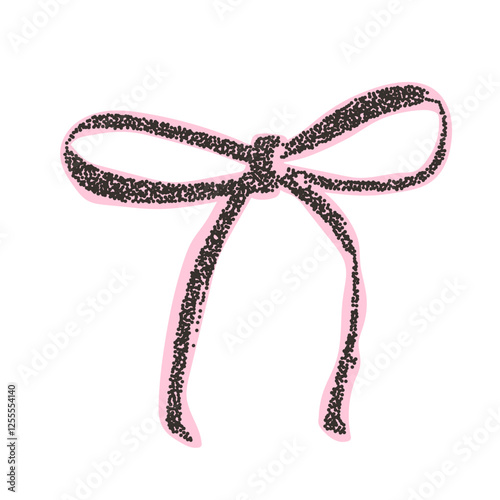 Bow coquette collage sticker. Photocopy monochrome effect ribbon. Brutal dotted retro bowknot. Collage paper element Vector stippled girly band illustration isolated on white background.