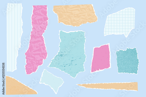 Set of torn papers. Tear sheet pieces pack.School blanks with uneven textured edges. Newspapers cutouts mockup. Empty colorful stylized callouts for text. Vector hand drawn illustration isolated.
