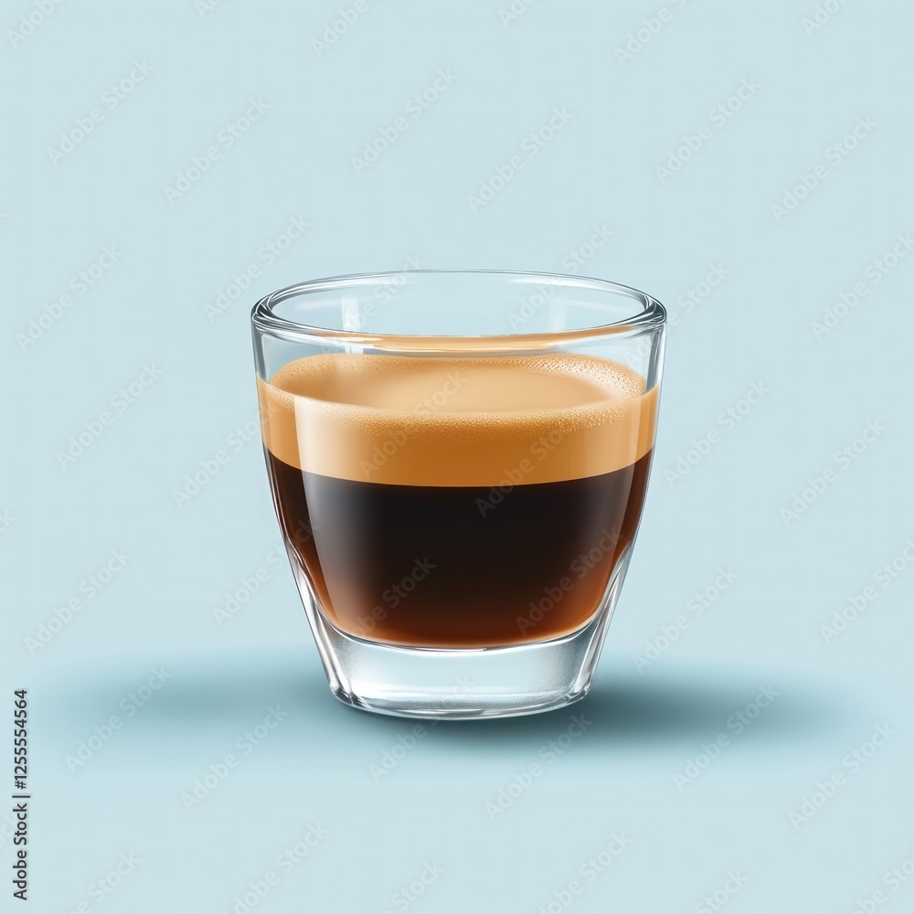 Espresso shot in glass, light blue background, cafe beverage